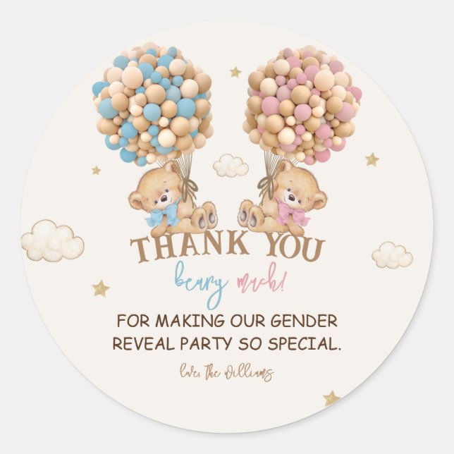 Teddy Bear Pink Blue Balloons Gender Reveal Thank  Classic Round Sticker (Front)