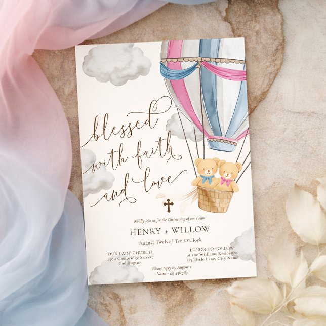 Teddy Bear Pink Blue Twins Christening Invitation (Creator Uploaded)
