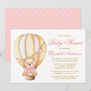 Teddy Bear Pink Bow Air Balloon Dots Baby Shower Invitation