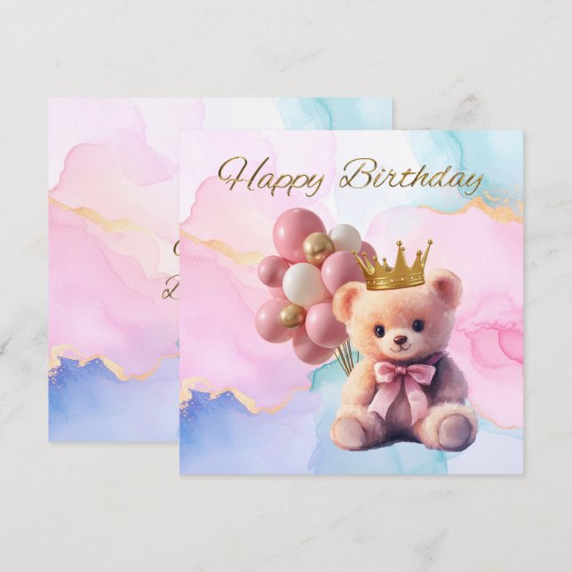 Teddy Bear Pink Bow Gold Crown Happy Birthday (Front/Back)