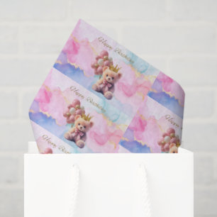 Teddy Bear Pink Bow Gold Crown Happy Birthday Tissue Paper