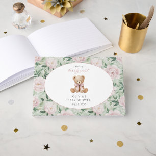 Teddy Bear, Pink Bow, Pink Flowers, Baby Shower Guest Book