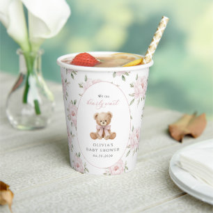 Teddy Bear, Pink Bow, Pink Flowers, Baby Shower Paper Cups