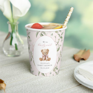 Teddy Bear, Pink Bow, Pink Flowers, Baby Shower Paper Cups