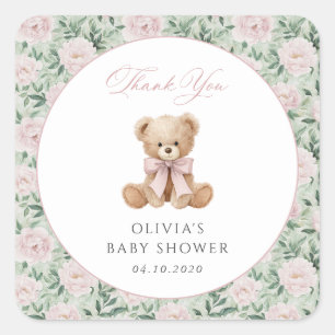Teddy Bear, Pink Bow, Pink Flowers, Baby Shower Square Sticker