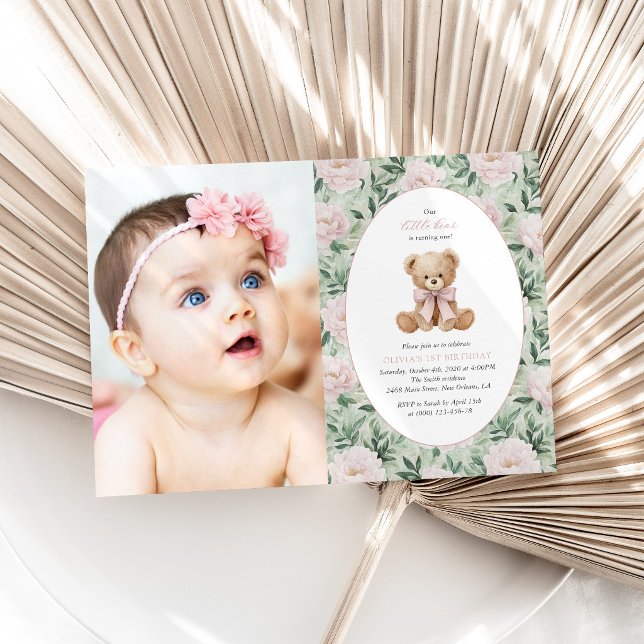 Teddy Bear, Pink Bow, Pink Flowers, First Birthday Invitation (Creator Uploaded)