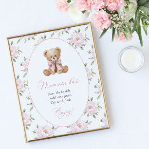 Teddy Bear, Pink Bow, Pink Flowers, Momosa Bar Poster