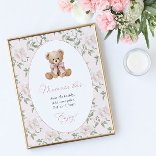 Teddy Bear, Pink Bow, Pink Flowers, Momosa Bar Poster