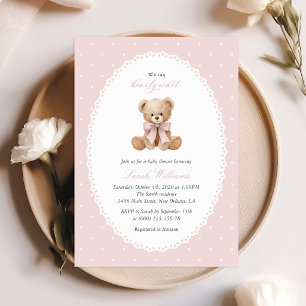 Teddy Bear, Pink Bow, Pink Polka Dots, Baby Shower Invitation