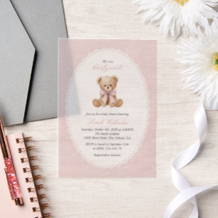 Teddy Bear, Pink Bow, Pink Polka Dots, Baby Shower Vellum Invitations