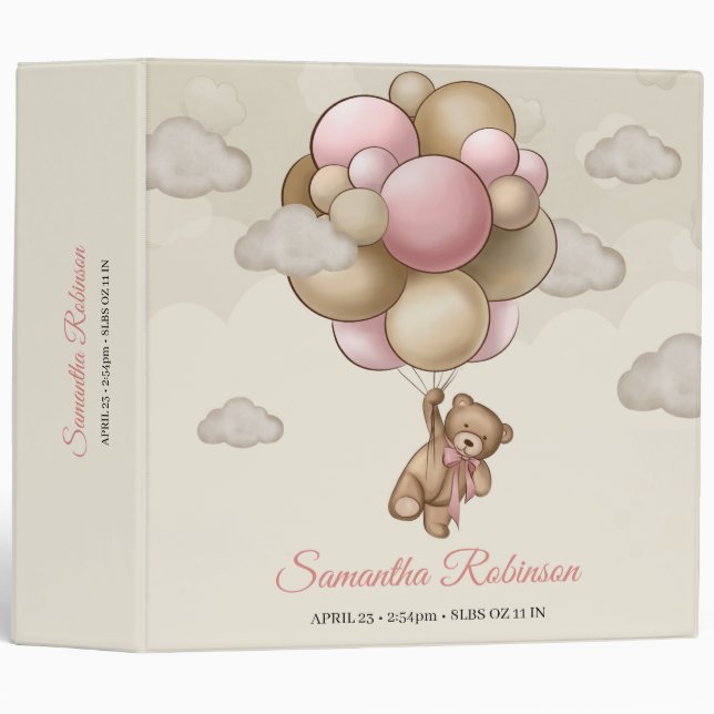 Teddy bear pink brown beige balloons baby shower binder (Front/Spine)