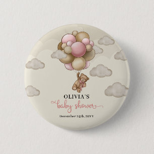 Teddy bear pink brown ivory balloons baby shower 2 inch round button