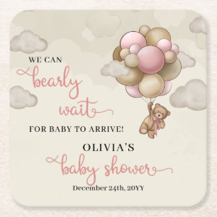 Teddy bear pink brown ivory balloons baby shower square paper coaster