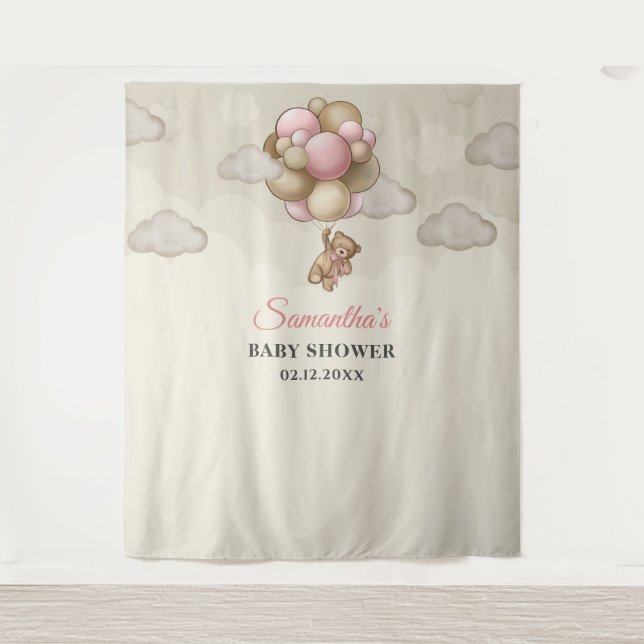 Teddy bear pink brown ivory balloons backdrop tapestry (Front)