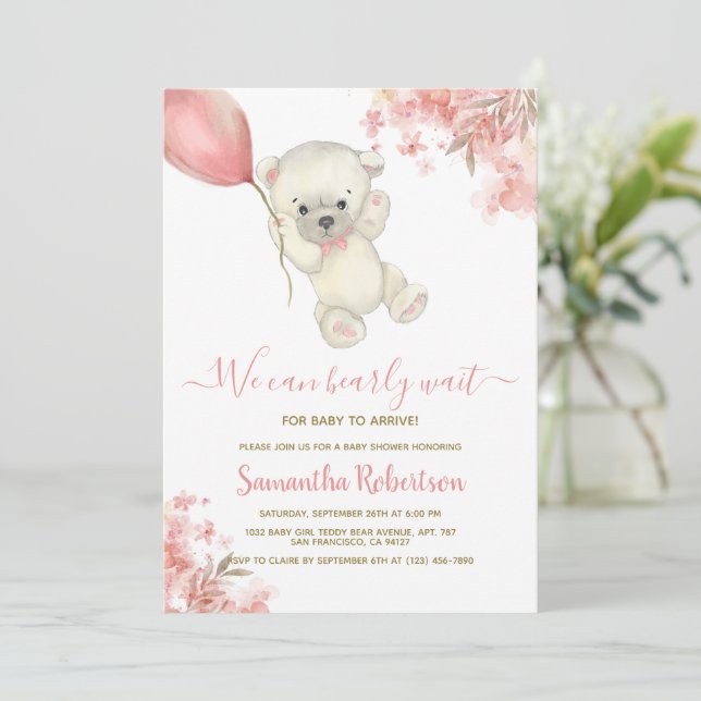 Teddy Bear Pink Floral Balloon Girl Baby Shower Invitation (Standing Front)