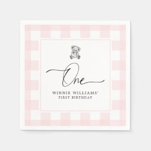 Teddy Bear Pink Gingham 1st Birthday Napkins