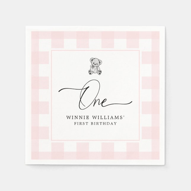 Teddy Bear Pink Gingham 1st Birthday Napkins (Front)