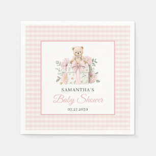 Teddy Bear Pink Gingham Floral Girl Baby Shower Napkin