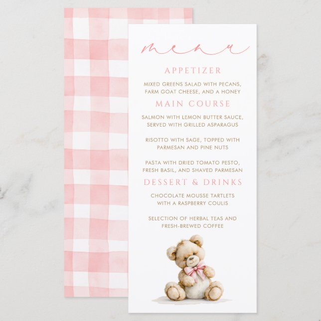 Teddy Bear Pink Gingham Pattern Menu Cards (Front/Back)