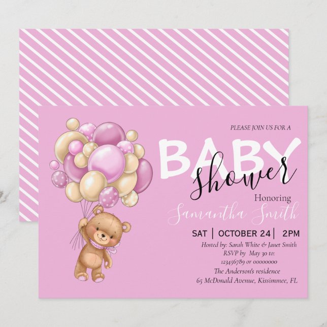 Teddy Bear Pink Girl Invitations  (Front/Back)