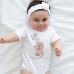 Teddy Bear Pink Girl's Personalized  Baby Bodysuit