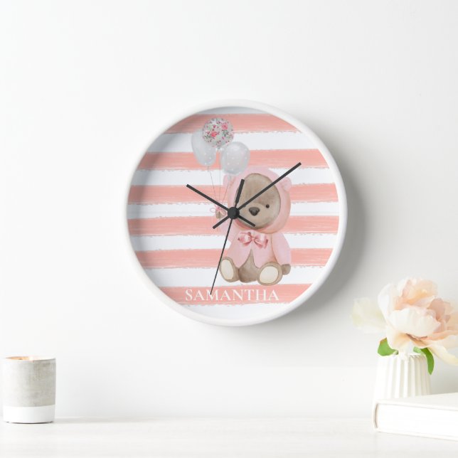 Teddy Bear Pink Girl's Personalized Room Clock (Home)