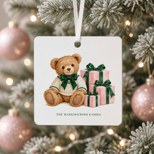 Teddy Bear Pink Green Personalized Christmas Photo Metal Ornament