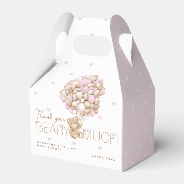 Teddy Bear Pink Heart & Balloon Baby Girl Shower Favor Box (Back Side)