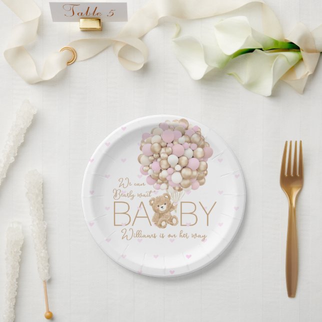 Teddy Bear Pink Heart & Balloon Baby Girl Shower Paper Plate (Wedding)