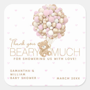 Teddy Bear Pink Heart & Balloon Baby Girl Shower Square Sticker