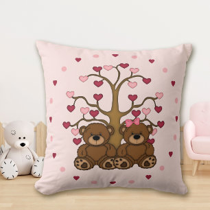 Teddy Bear Pink Heart Tree Throw Pillow