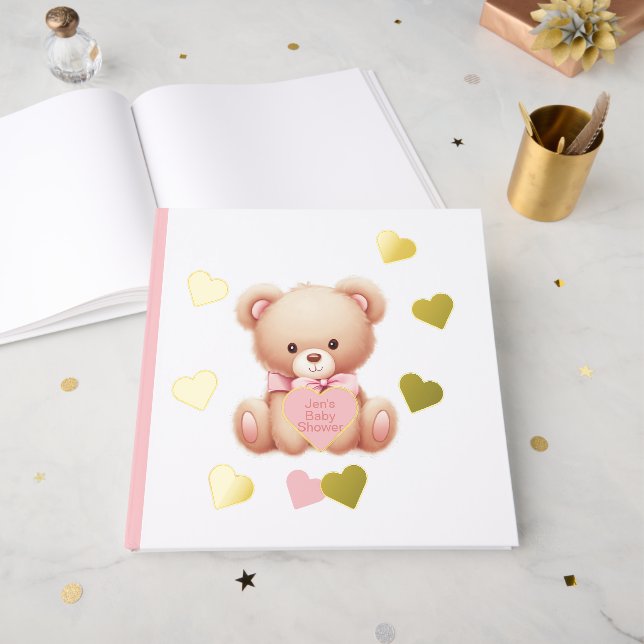 Teddy Bear Pink Hearts Foil Guestbook (Front Open)