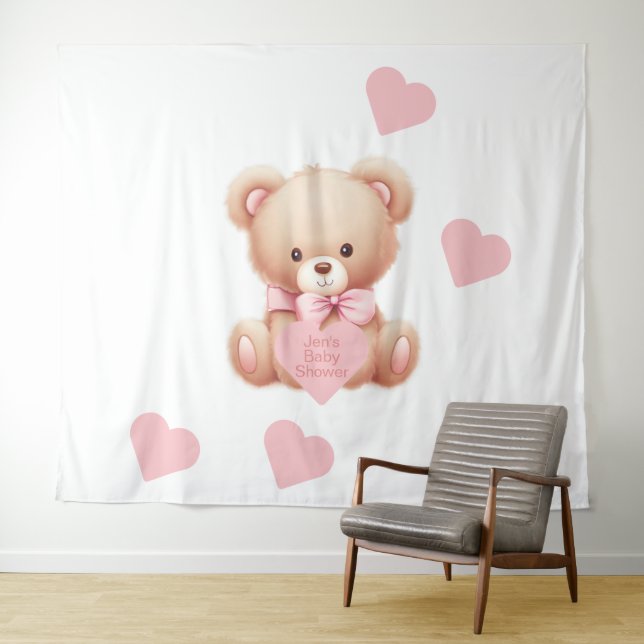 Teddy Bear Pink Hearts Tapestry Backdrop (In Situ (Horizontal))