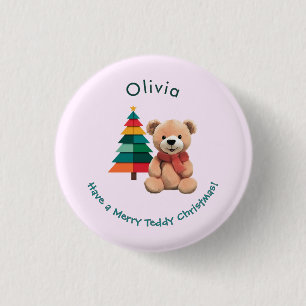 Teddy Bear Pink Holiday Badge Joyeux Noël