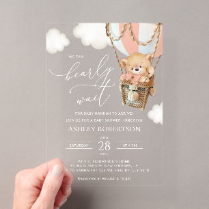 Teddy Bear, Pink Hot Air Balloon, Baby Shower Acrylic Invitations