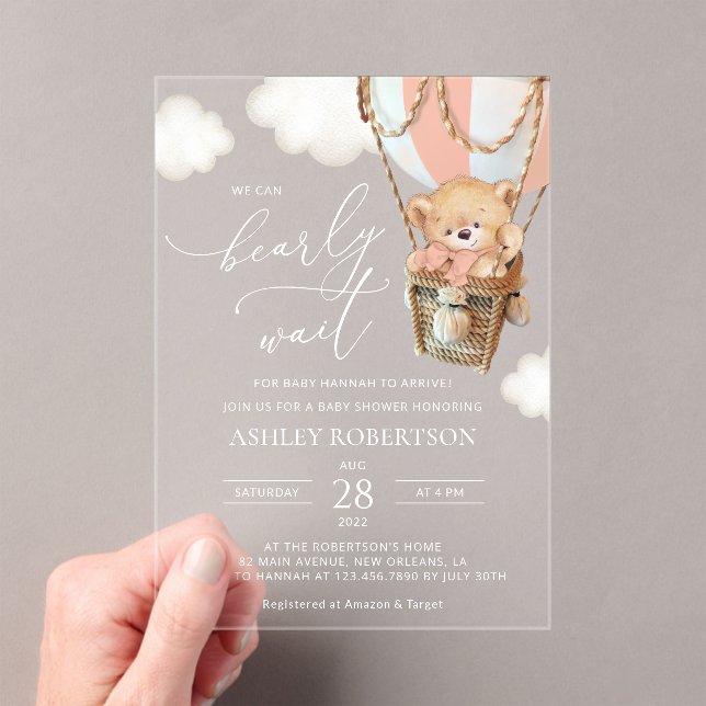 Teddy Bear, Pink Hot Air Balloon, Baby Shower Acrylic Invitations (Insitu (Handheld))