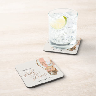 Teddy Bear, Pink Hot Air Balloon, Baby Shower Coaster