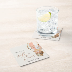 Teddy Bear, Pink Hot Air Balloon, Baby Shower Square Paper Coaster