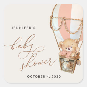 Teddy Bear, Pink Hot Air Balloon, Baby Shower Square Sticker