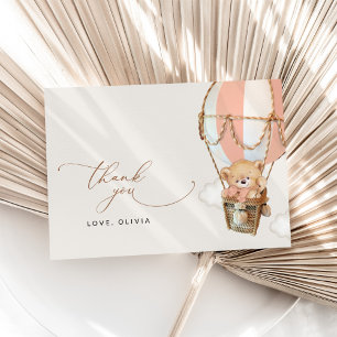 Teddy Bear, Pink Hot Air Balloon, Baby Shower Thank You Card