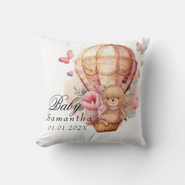 Teddy Bear Pink Hot Air Balloon Baby  Throw Pillow (Front)