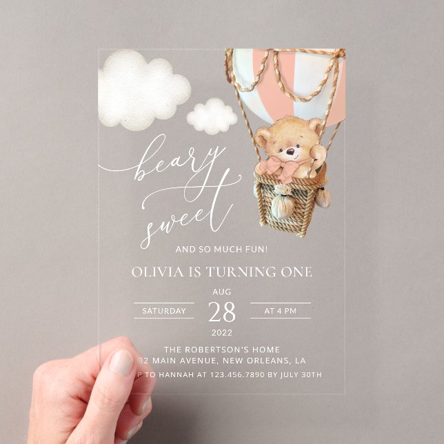 Teddy Bear, Pink Hot Air Balloon, First Birthday Acrylic Invitations (Insitu (Handheld))