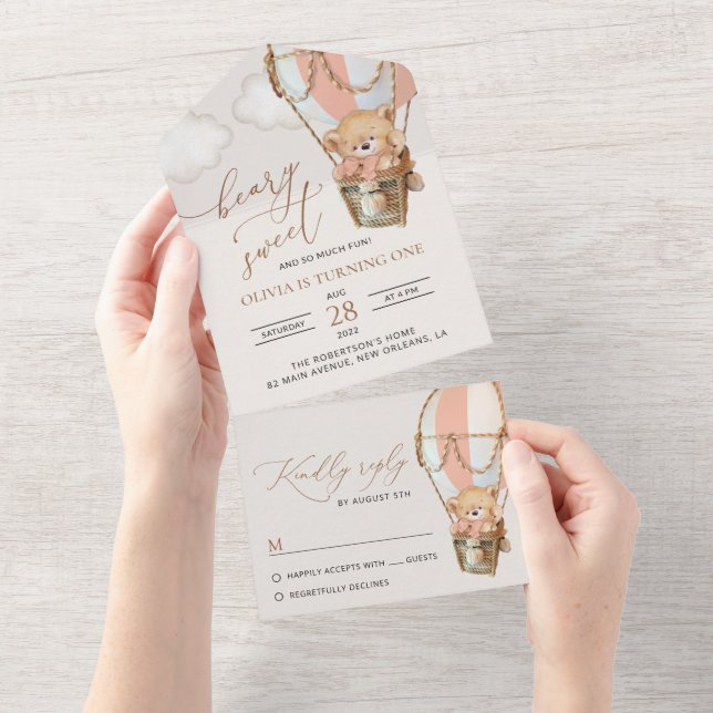 Teddy Bear, Pink Hot Air Balloon, First Birthday All In One Invitation (Tearaway)