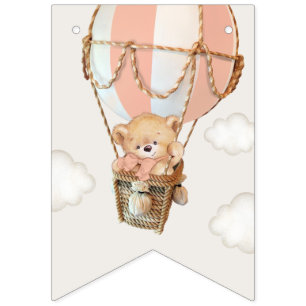 Teddy Bear, Pink Hot Air Balloon, First Birthday Bunting Flags
