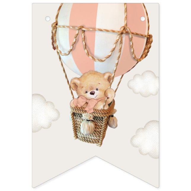 Teddy Bear, Pink Hot Air Balloon, First Birthday Bunting Flags (First Flag)