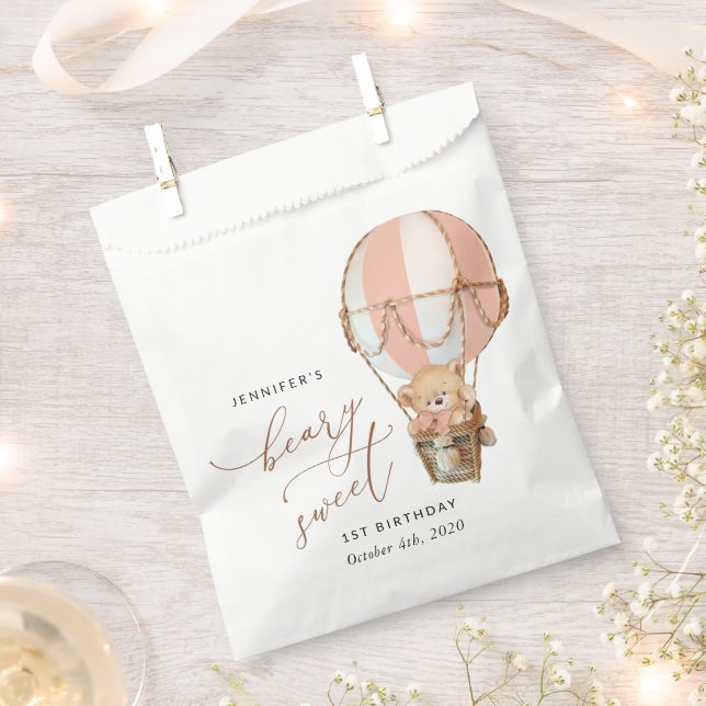 Teddy Bear, Pink Hot Air Balloon, First Birthday Favour Bag (Clipped)