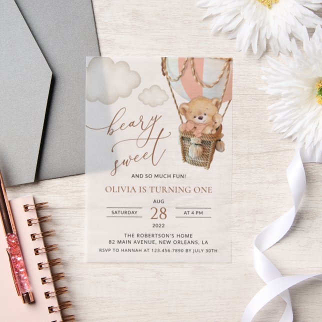 Teddy Bear, Pink Hot Air Balloon, First Birthday Vellum Invitations (Wedding)