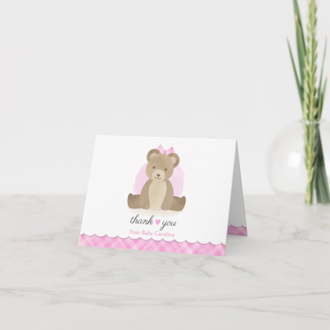 Teddy Bear Pink Plaid Baby Shower Thank You (Front)