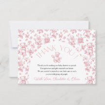 Teddy Bear Pink Toile Baby Shower Thank You Card
