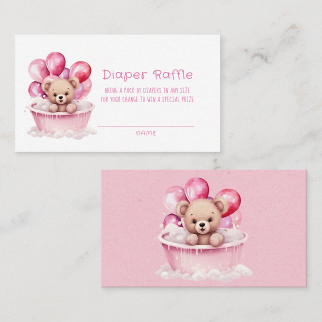 Teddy Bear Pink Tub and Balloon Girl Diaper Raffle Business Card (Front/Back)